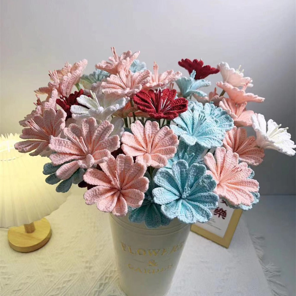 Handmade Crochet Lewisia Flower Bouquet | Eternal Handcrafted Floral Decor for Home & Desk, Perfect Holiday Gift – Pastel Pink/Blue Knit Bloom Arrangement for Valentine’s/Mother’s Day - Mia-yarnwhiper