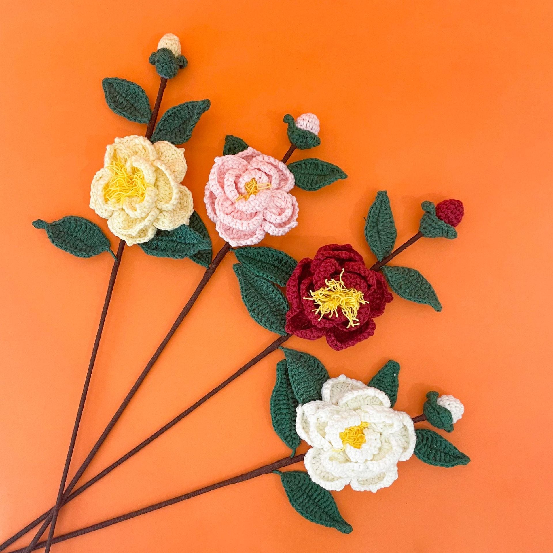 Handmade Crochet Camellia Bouquet | Eternal Handcrafted Floral Decor for Home & Desk, Perfect Holiday Gift – Multi-Color Knit Camellia Arrangement for Valentine’s/Mother’s Day - Mia-yarnwhiper