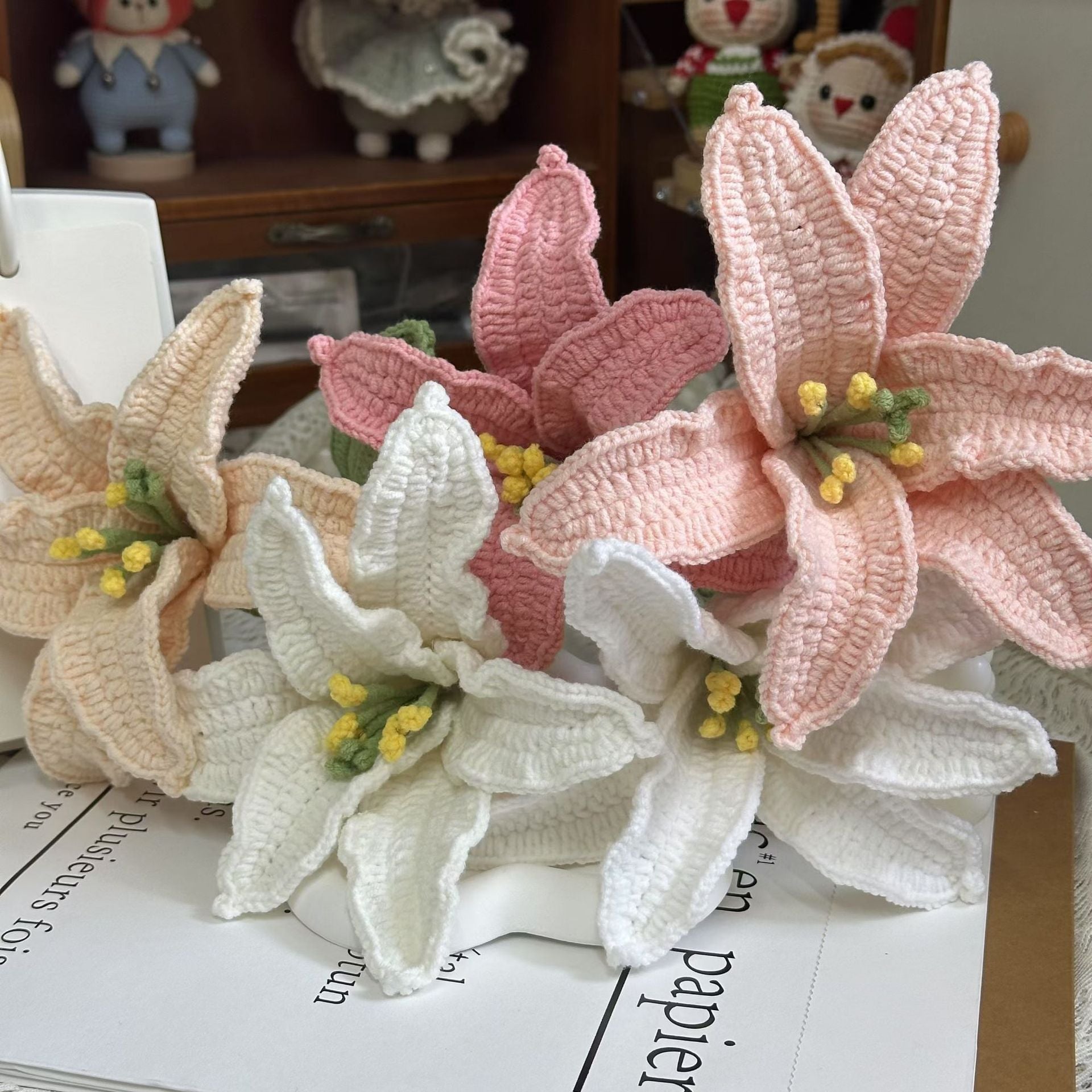 Handmade Crochet Lily Bouquet | Eternal Handcrafted Floral Decor for Home & Desk, Perfect Holiday Gift – Soft Pink & White Knit Lily Arrangement for Valentine’s/Mother’s Day - Mia-yarnwhiper