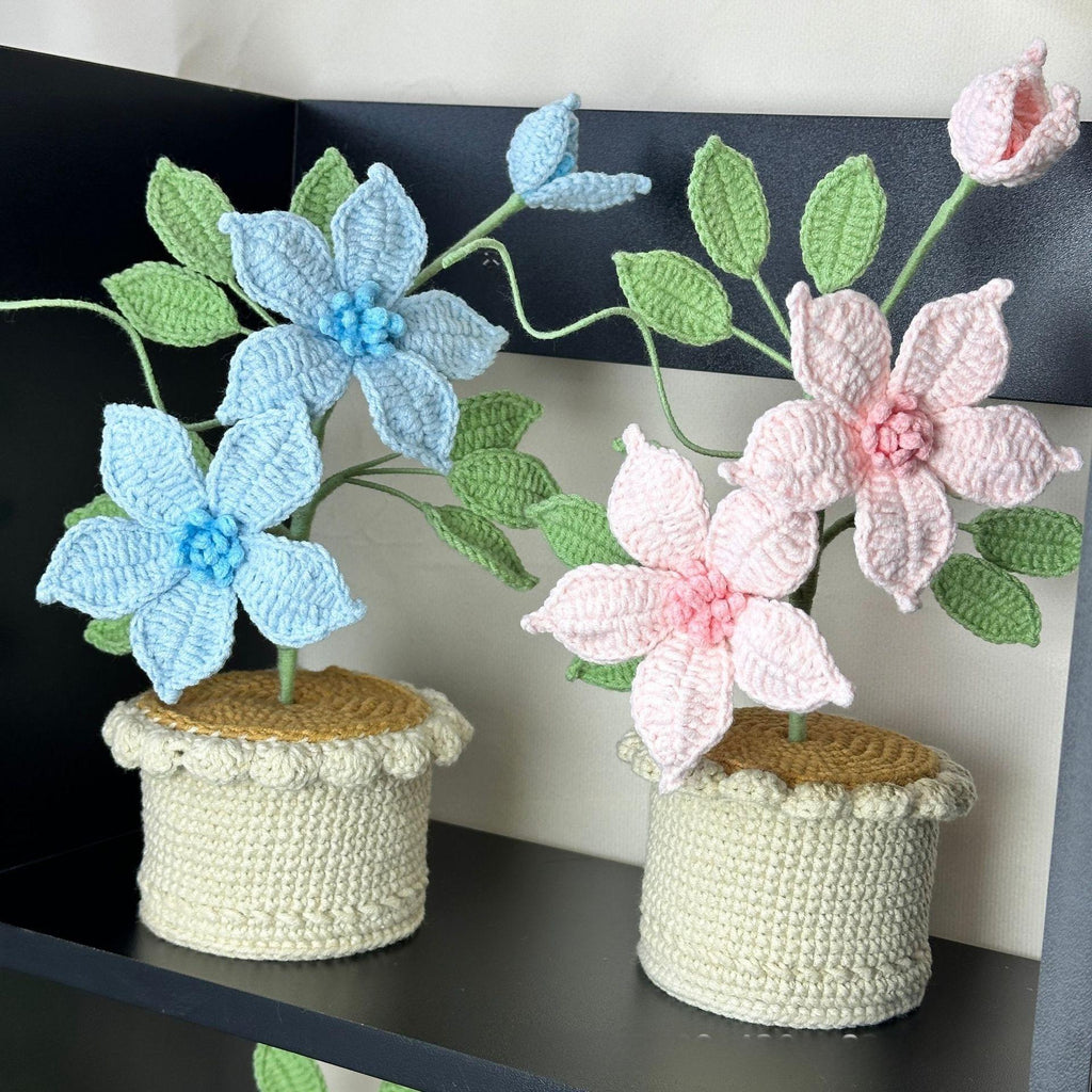 Handmade Crochet Clematis Flower Arrangement | Eternal Handcrafted Floral Decor for Home & Desk, Perfect Holiday Gift – Purple Knit Clematis Bouquet with Crochet Pot - Mia-yarnwhiper