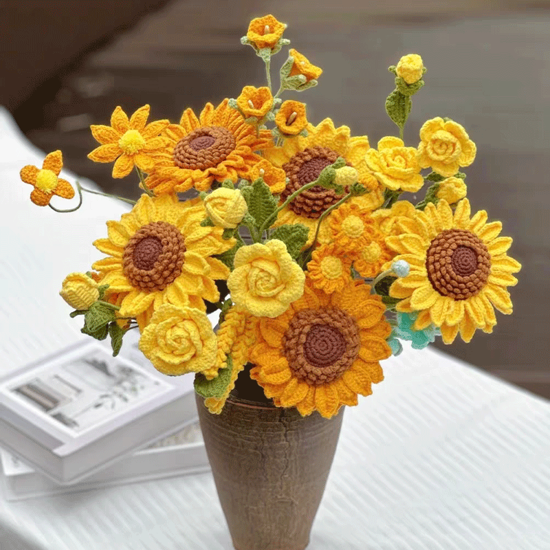 Handmade Crochet Sunflower & Rose Bouquet: Hypoallergenic No-Wilt Gift for Home/Desk, Holidays & Mother’s Day - Mia-yarnwhiper