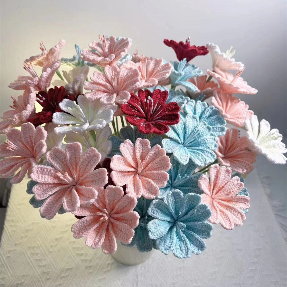 Handmade Crochet Lewisia Flower Bouquet | Eternal Handcrafted Floral Decor for Home & Desk, Perfect Holiday Gift – Pastel Pink/Blue Knit Bloom Arrangement for Valentine’s/Mother’s Day - Mia-yarnwhiper
