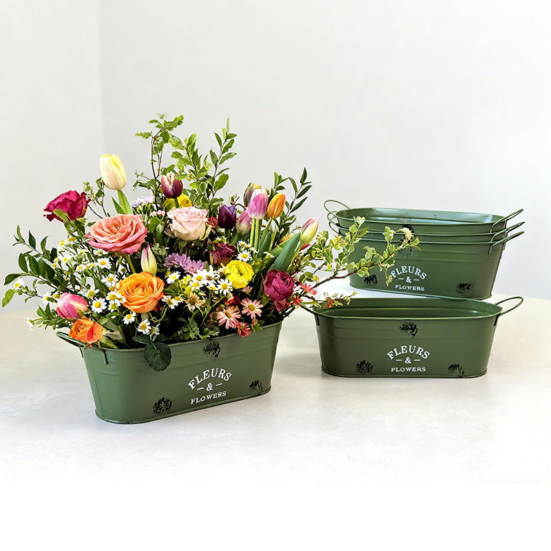 Olive Green Metal Planter Tub with Handles: French Rustic Decor for Indoor Floral & Outdoor Garden Display - Mia-yarnwhiper