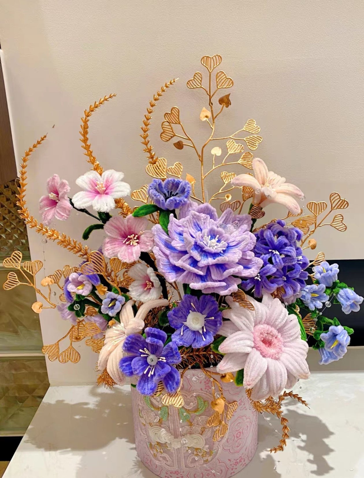 Handmade Crochet Colorful Flower Bucket Arrangement | Eternal Flower Home Decor Tabletop Ornament, Artisan Handcrafted Valentine’s Day Gift – Long-Lasting Yarn Floral Centerpiece for Home Styling - Mia-yarnwhiper