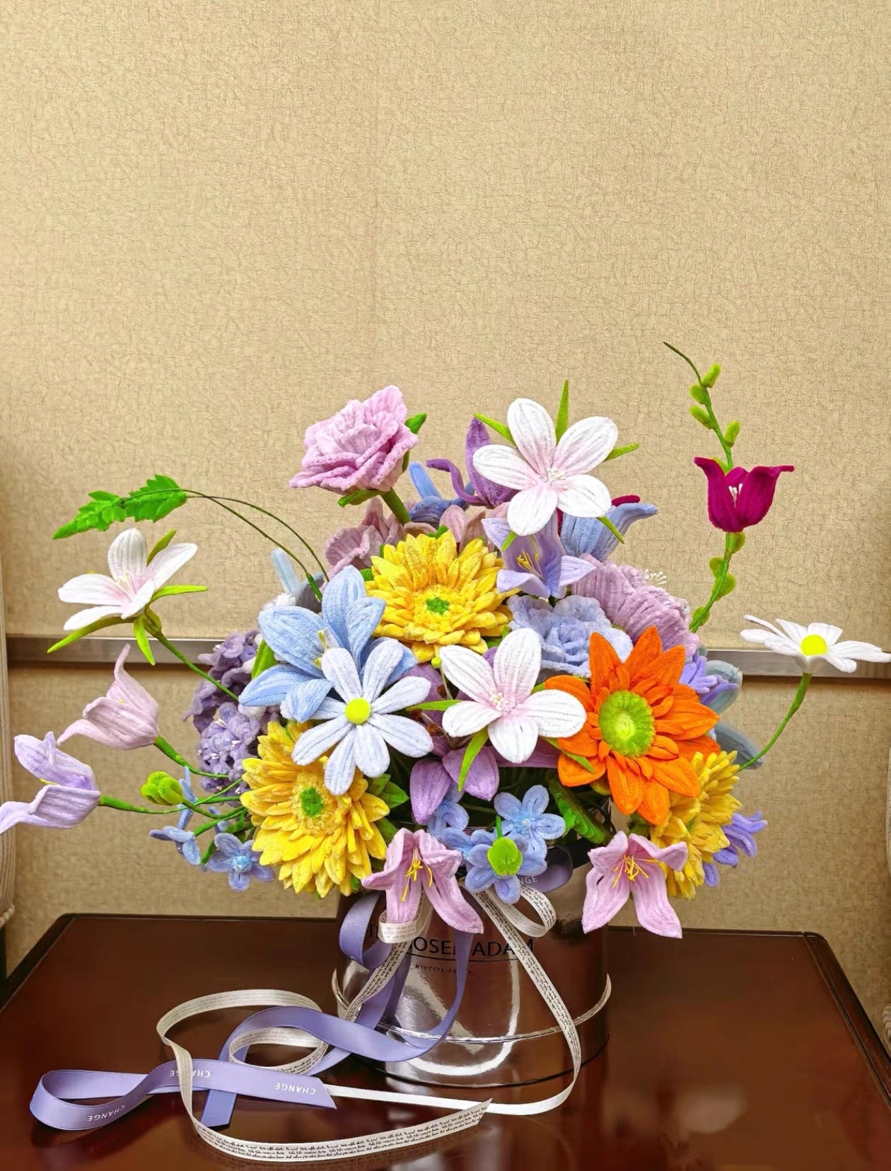 Handmade Crochet Colorful Flower Bucket Arrangement | Eternal Flower Home Decor Tabletop Ornament, Artisan Handcrafted Valentine’s Day Gift – Long-Lasting Yarn Floral Centerpiece for Home Styling - Mia-yarnwhiper