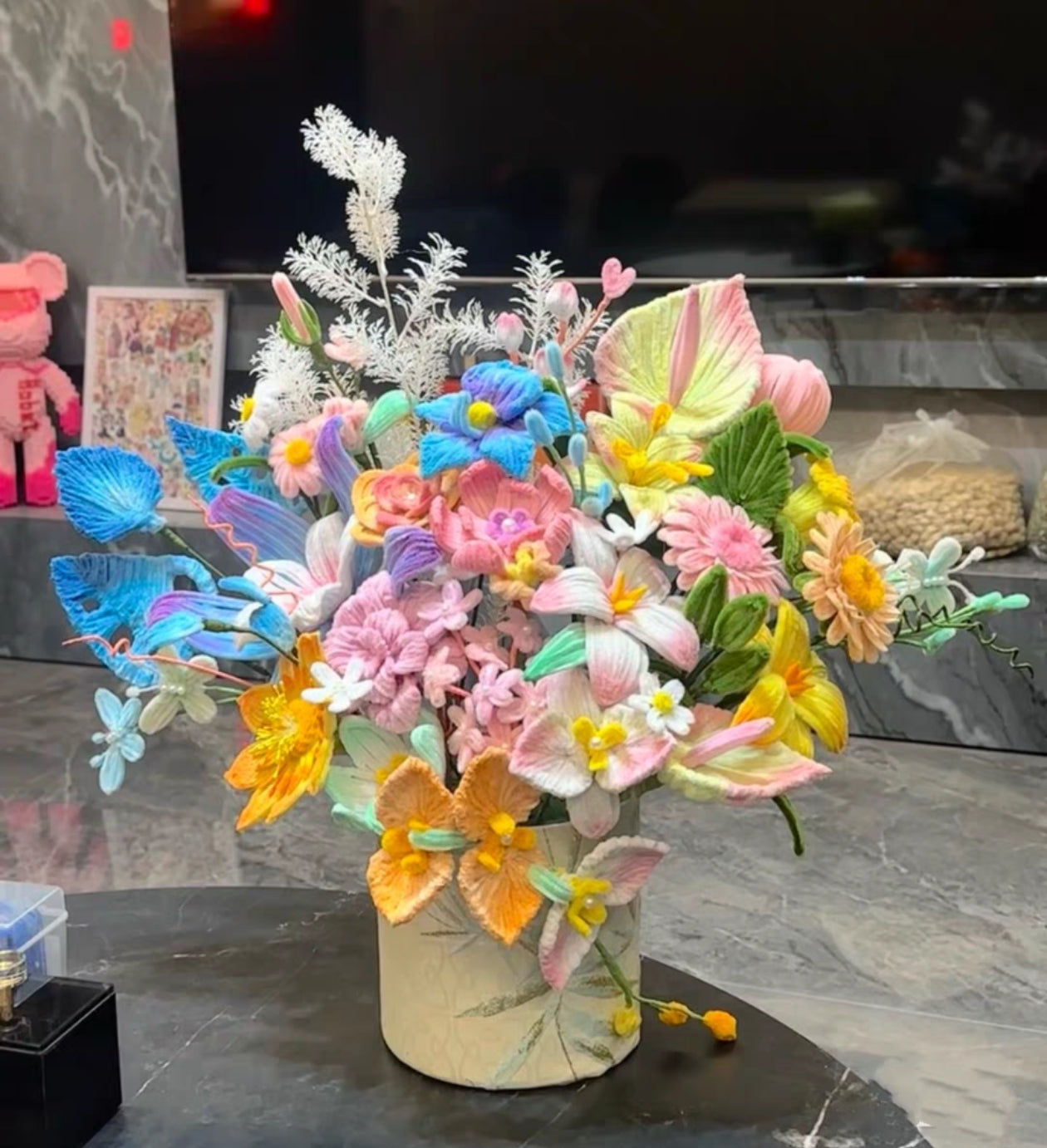 Handmade Crochet Colorful Flower Bucket Arrangement | Eternal Flower Home Decor Tabletop Ornament, Artisan Handcrafted Valentine’s Day Gift – Long-Lasting Yarn Floral Centerpiece for Home Styling - Mia-yarnwhiper