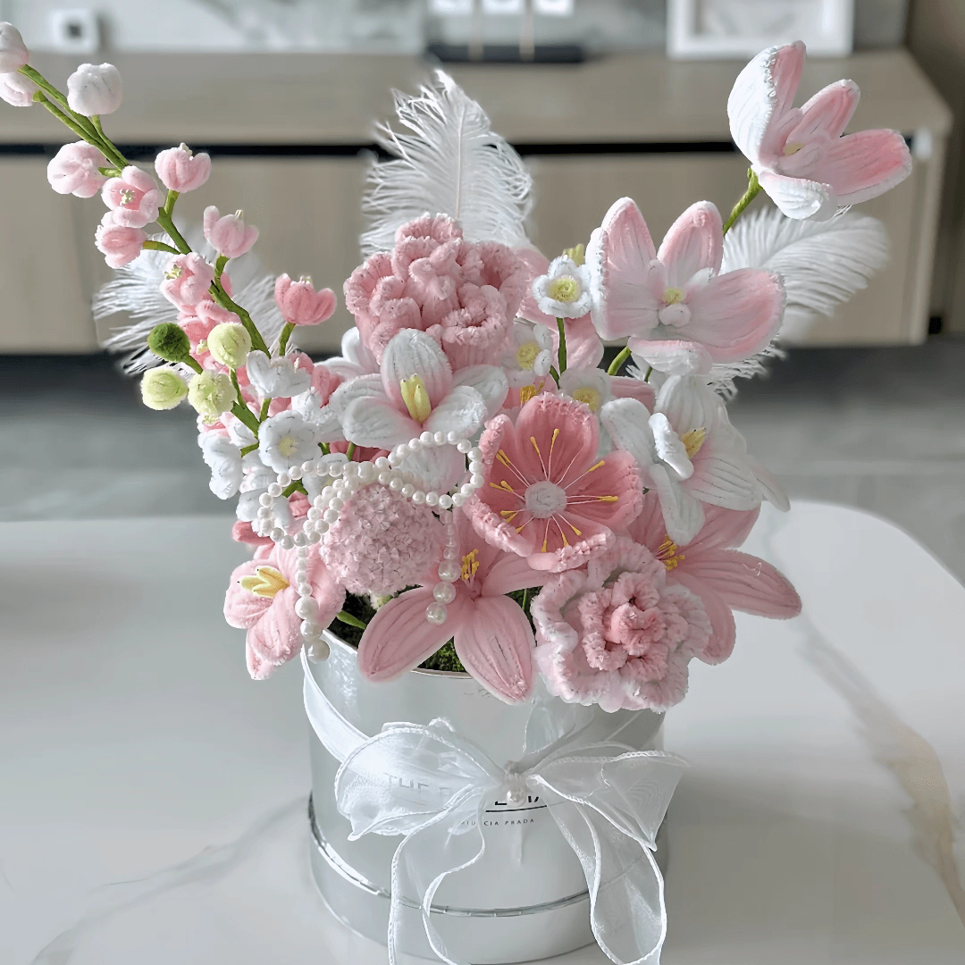 Handmade Crochet Pink Tulip Flower Bucket | Eternal Flower Home Decor Tabletop Ornament, Artisan Handcrafted Gift – Long-Lasting Yarn Floral Arrangement for Romantic Home Styling & Gifting - Mia-yarnwhiper