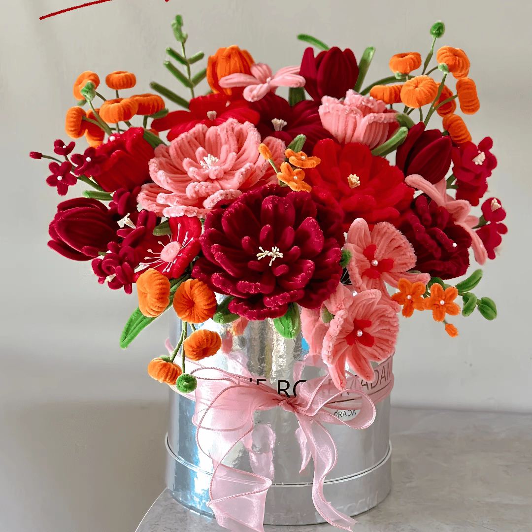 Handmade Crochet Pink Tulip Flower Bucket | Eternal Flower Home Decor Tabletop Ornament, Artisan Handcrafted Gift – Long-Lasting Yarn Floral Arrangement for Romantic Home Styling & Gifting - Mia-yarnwhiper