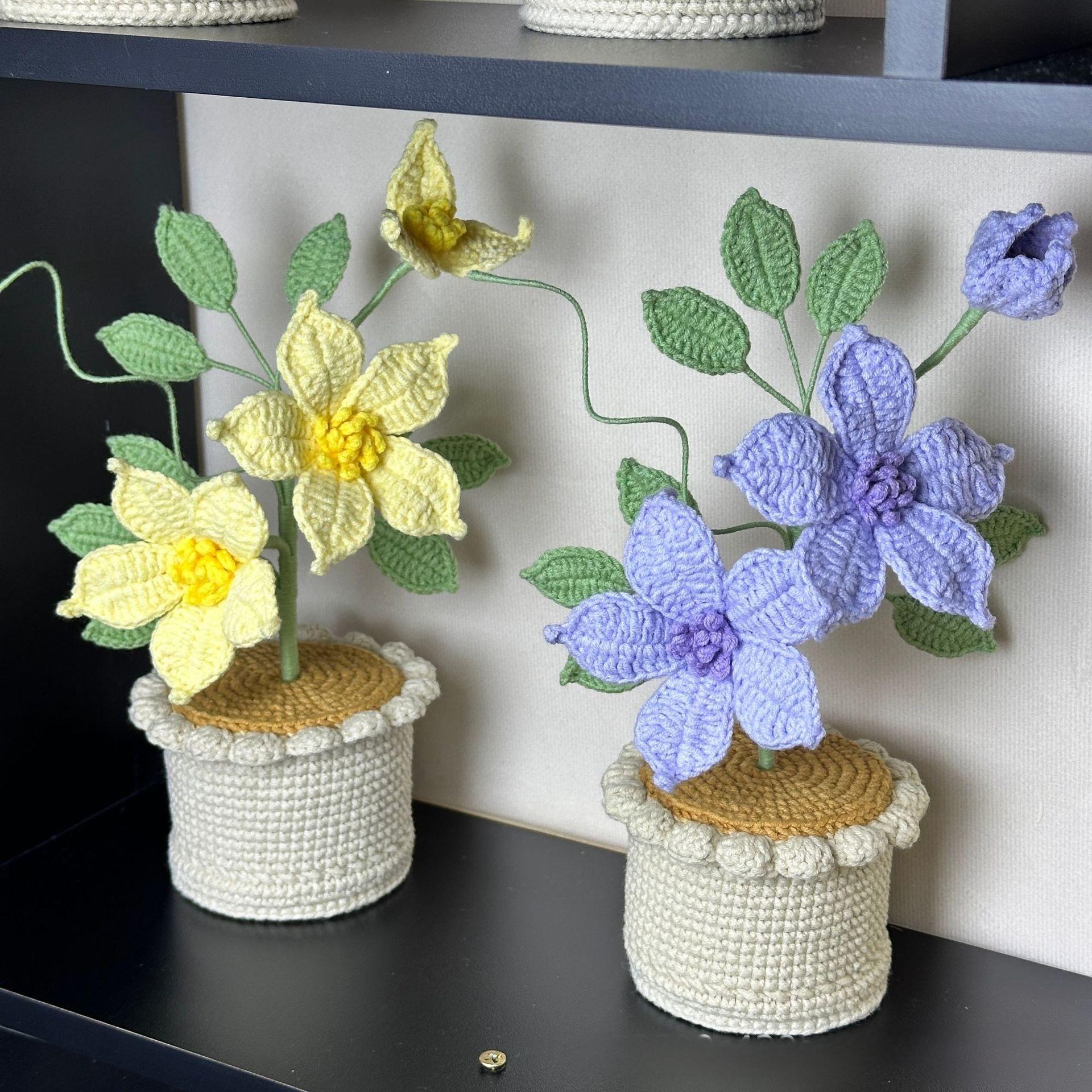 Handmade Crochet Clematis Flower Arrangement | Eternal Handcrafted Floral Decor for Home & Desk, Perfect Holiday Gift – Purple Knit Clematis Bouquet with Crochet Pot - Mia-yarnwhiper