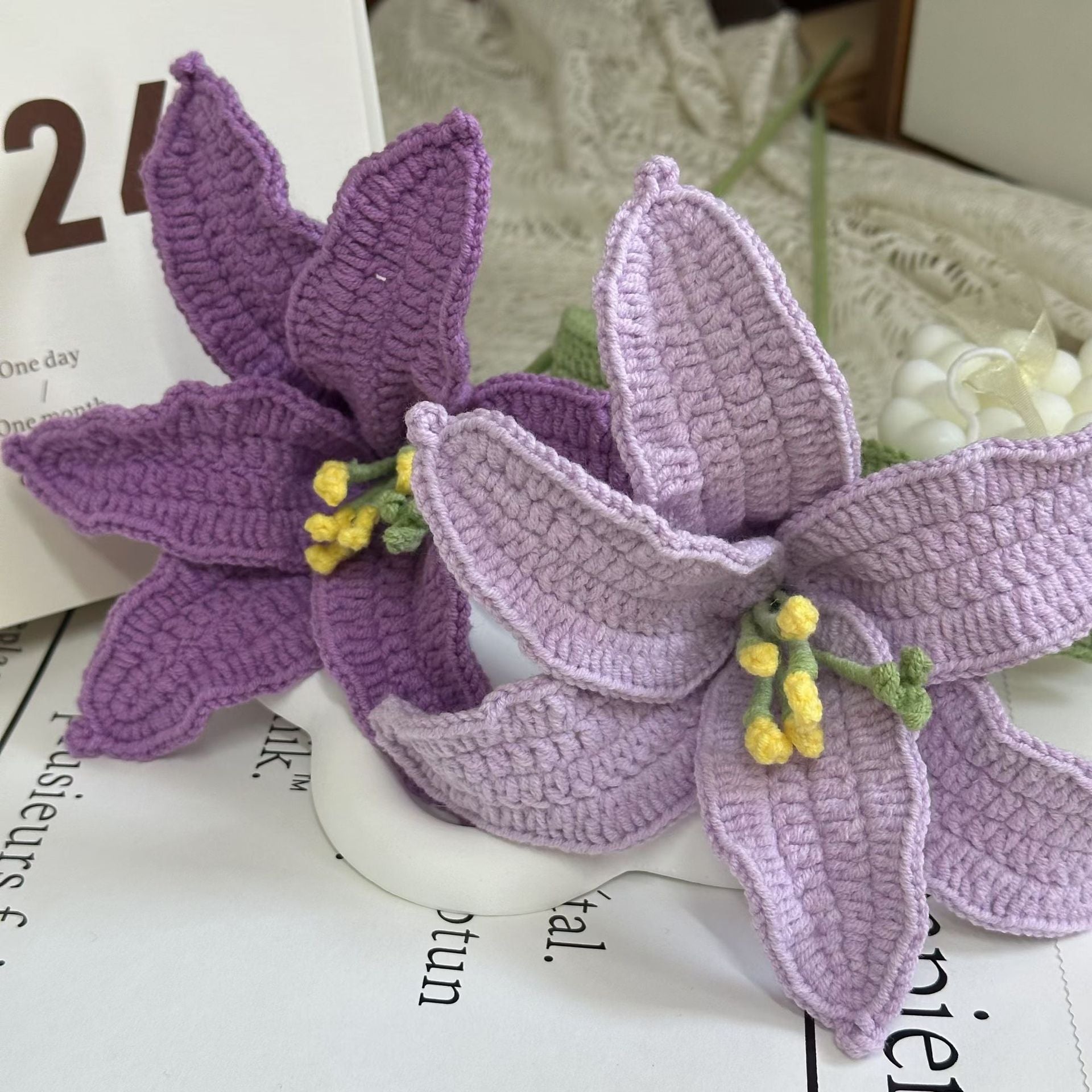 Handmade Crochet Lily Bouquet | Eternal Handcrafted Floral Decor for Home & Desk, Perfect Holiday Gift – Soft Pink & White Knit Lily Arrangement for Valentine’s/Mother’s Day - Mia-yarnwhiper