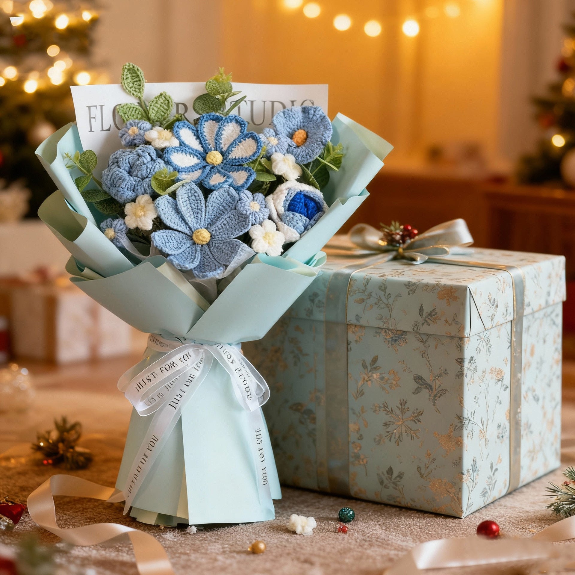 Handmade Blue Crochet Flower Bouquet | Eternal Handcrafted Floral Gift for Holidays, Home & Desk Decor – Wrapped Knit Bloom Arrangement for Valentine’s/Mother’s Day - Mia-yarnwhiper