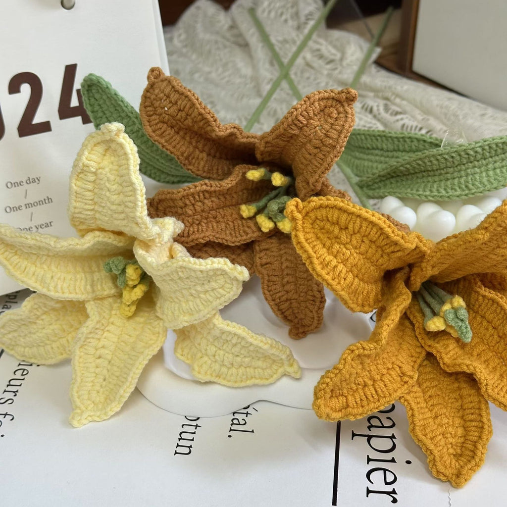 Handmade Crochet Lily Bouquet | Eternal Handcrafted Floral Decor for Home & Desk, Perfect Holiday Gift – Soft Pink & White Knit Lily Arrangement for Valentine’s/Mother’s Day - Mia-yarnwhiper