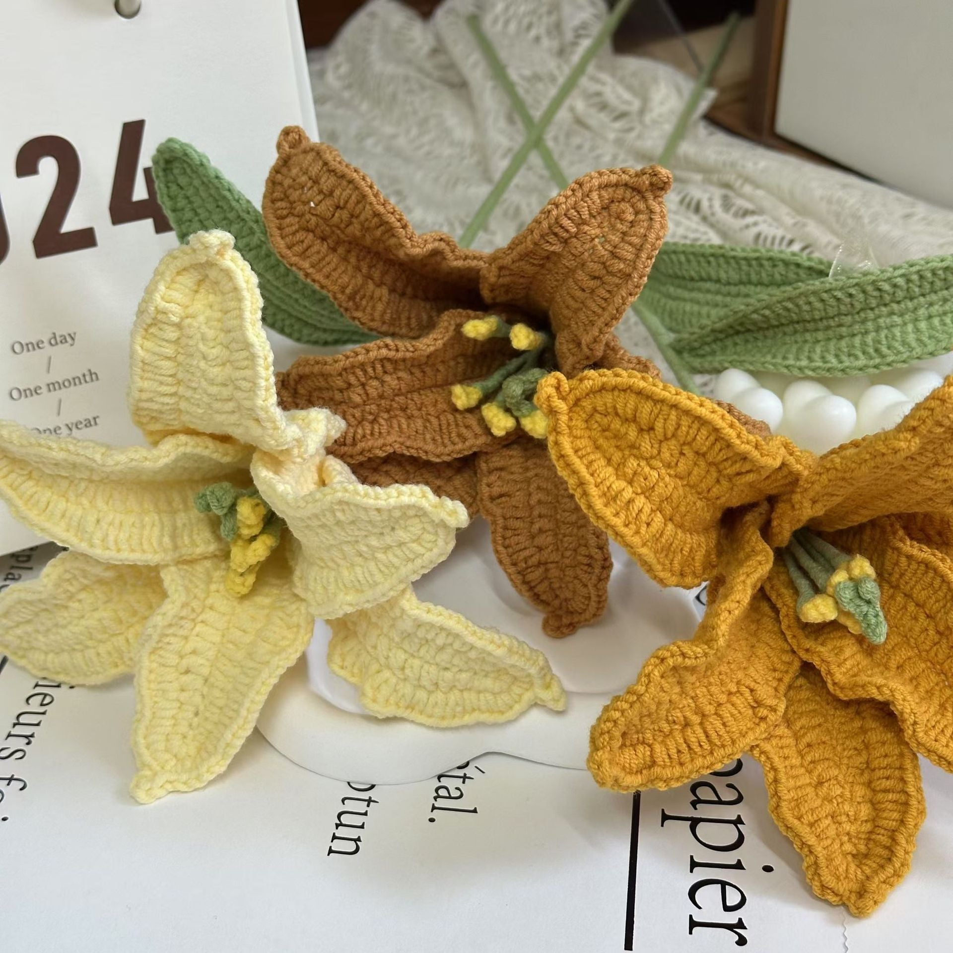 Handmade Crochet Lily Bouquet | Eternal Handcrafted Floral Decor for Home & Desk, Perfect Holiday Gift – Soft Pink & White Knit Lily Arrangement for Valentine’s/Mother’s Day - Mia-yarnwhiper