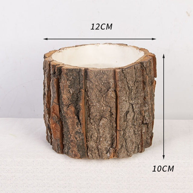 Rustic Bark-Look Planter Pot – Natural Home & Patio Decor for Flower Arrangements | Wood Grain Textured Plant Holder, Perfect for Indoor Table Centerpiece & Outdoor Garden Display, Cabin-Style Accent - Mia-yarnwhiper