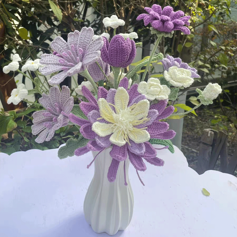 Handmade Crochet Floral Bouquet - Eternal Purple & White Flower Arrangement, Artisanal Home Decor, Desk Centerpiece, Unique Gift for Mother’s Day/Birthday | Knitted Artificial Flowers for Living Room - Mia-yarnwhiper