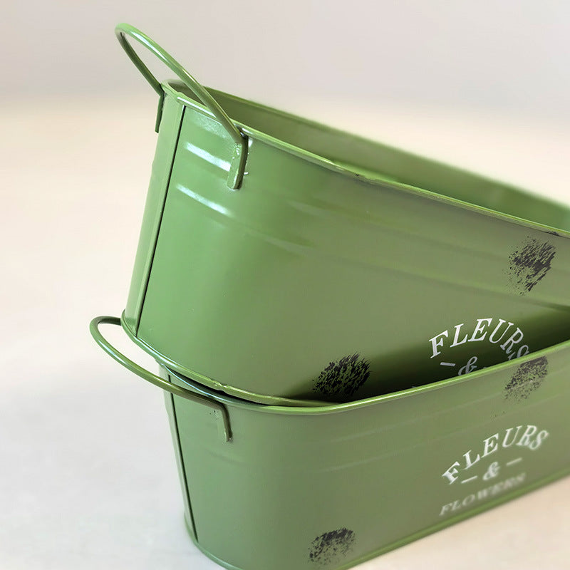 Olive Green Metal Planter Tub with Handles: French Rustic Decor for Indoor Floral & Outdoor Garden Display - Mia-yarnwhiper
