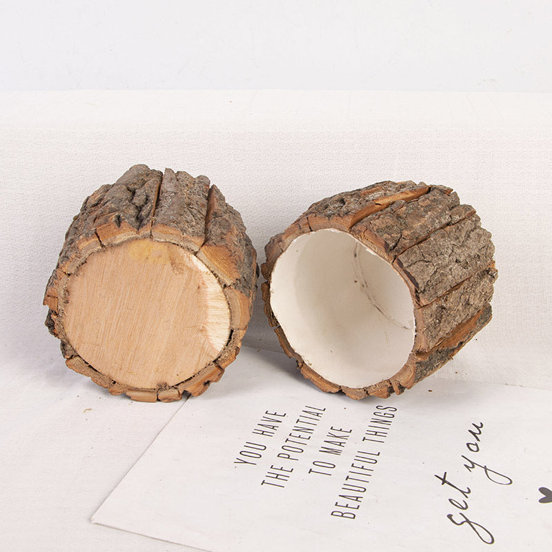 Rustic Bark-Look Planter Pot – Natural Home & Patio Decor for Flower Arrangements | Wood Grain Textured Plant Holder, Perfect for Indoor Table Centerpiece & Outdoor Garden Display, Cabin-Style Accent - Mia-yarnwhiper