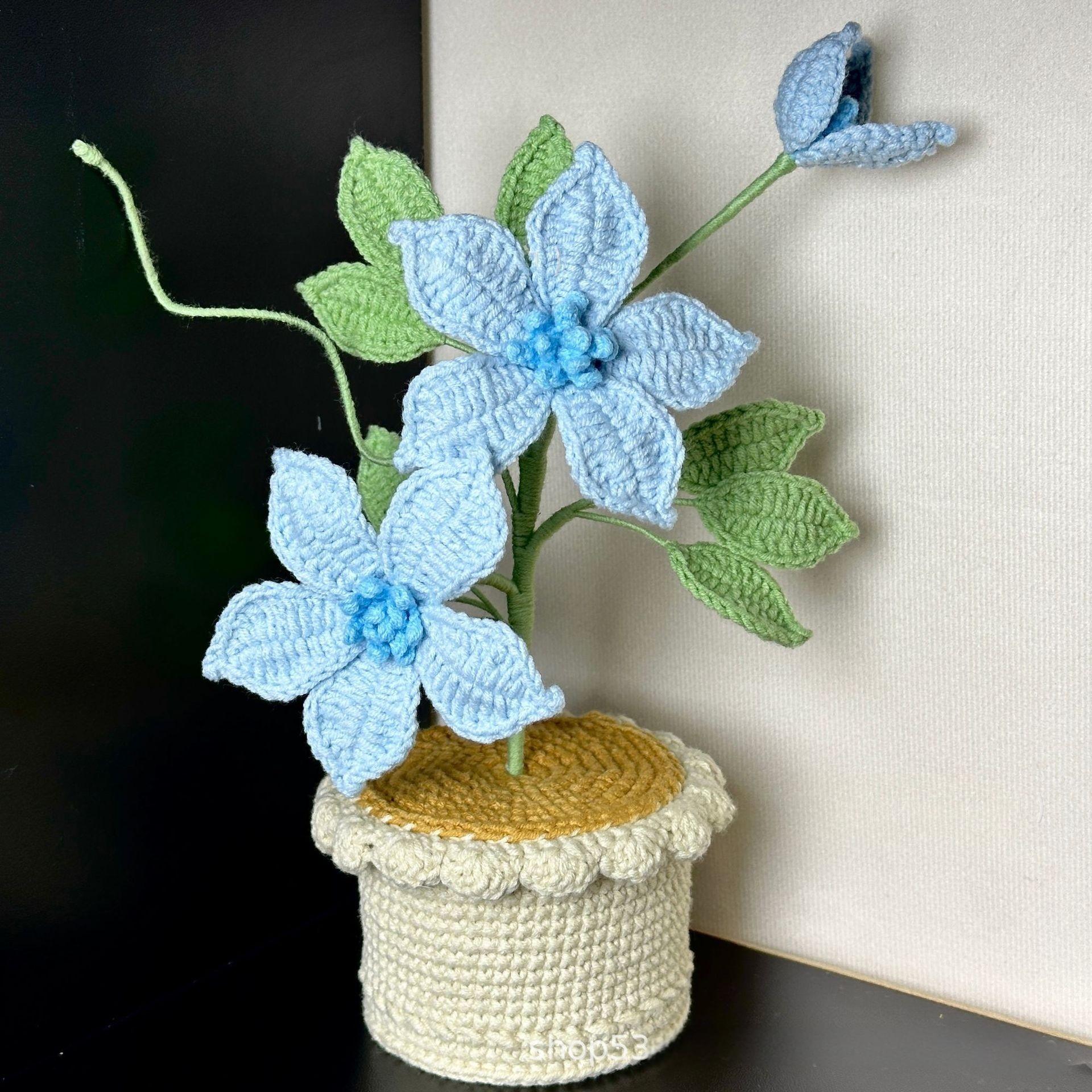 Handmade Crochet Clematis Flower Arrangement | Eternal Handcrafted Floral Decor for Home & Desk, Perfect Holiday Gift – Purple Knit Clematis Bouquet with Crochet Pot - Mia-yarnwhiper