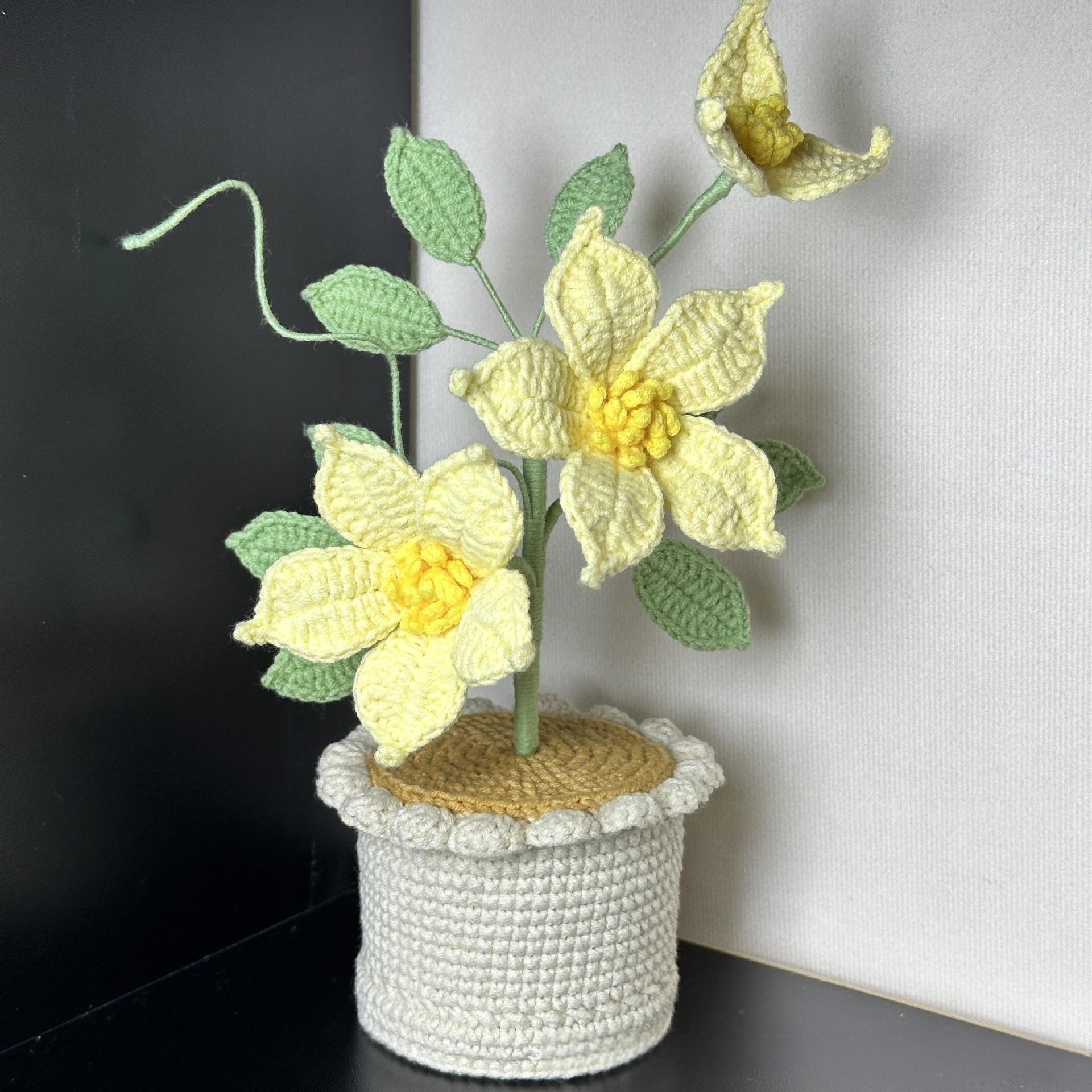 Handmade Crochet Clematis Flower Arrangement | Eternal Handcrafted Floral Decor for Home & Desk, Perfect Holiday Gift – Purple Knit Clematis Bouquet with Crochet Pot - Mia-yarnwhiper