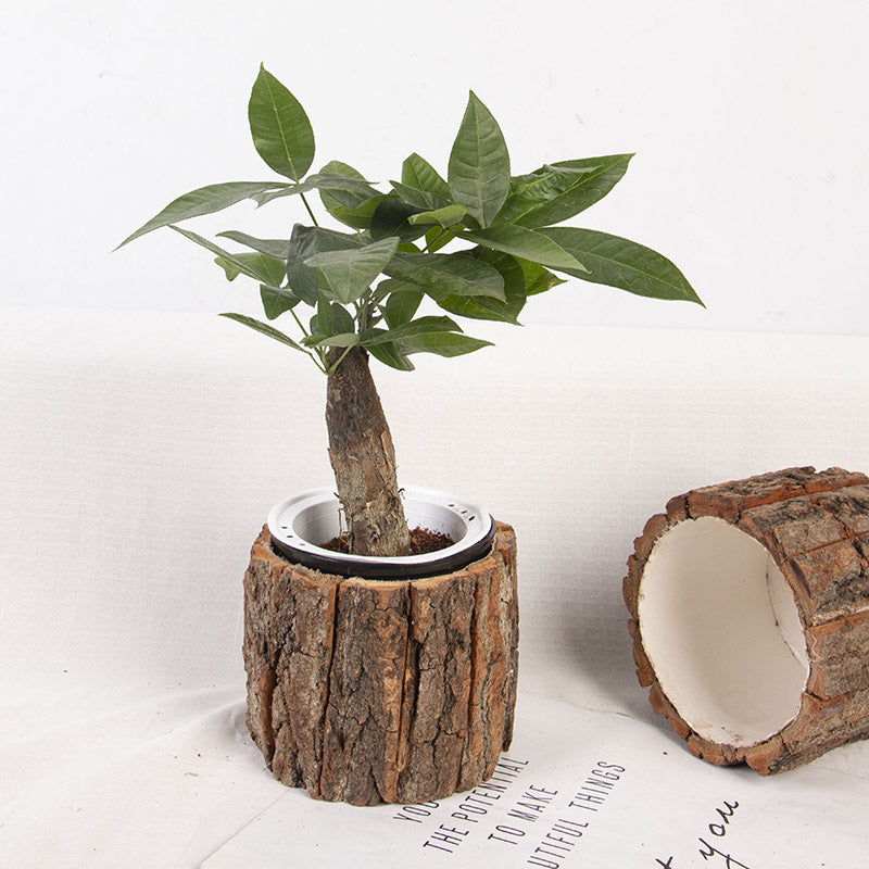 Rustic Bark-Look Planter Pot – Natural Home & Patio Decor for Flower Arrangements | Wood Grain Textured Plant Holder, Perfect for Indoor Table Centerpiece & Outdoor Garden Display, Cabin-Style Accent - Mia-yarnwhiper