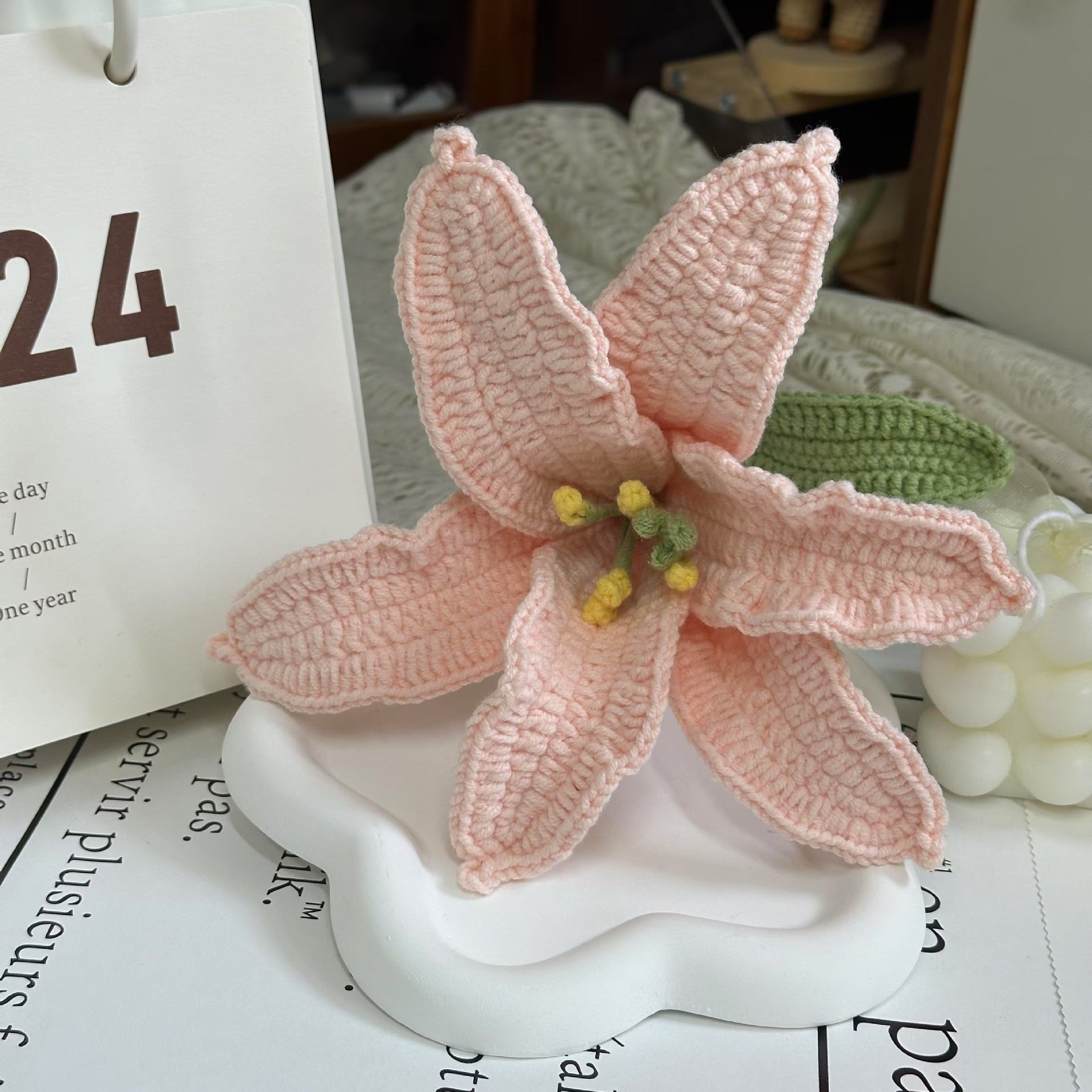 Handmade Crochet Lily Bouquet | Eternal Handcrafted Floral Decor for Home & Desk, Perfect Holiday Gift – Soft Pink & White Knit Lily Arrangement for Valentine’s/Mother’s Day - Mia-yarnwhiper
