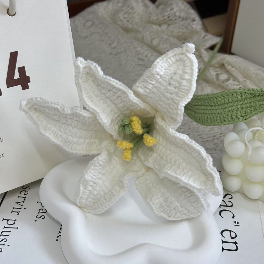 Handmade Crochet Lily Bouquet | Eternal Handcrafted Floral Decor for Home & Desk, Perfect Holiday Gift – Soft Pink & White Knit Lily Arrangement for Valentine’s/Mother’s Day - Mia-yarnwhiper