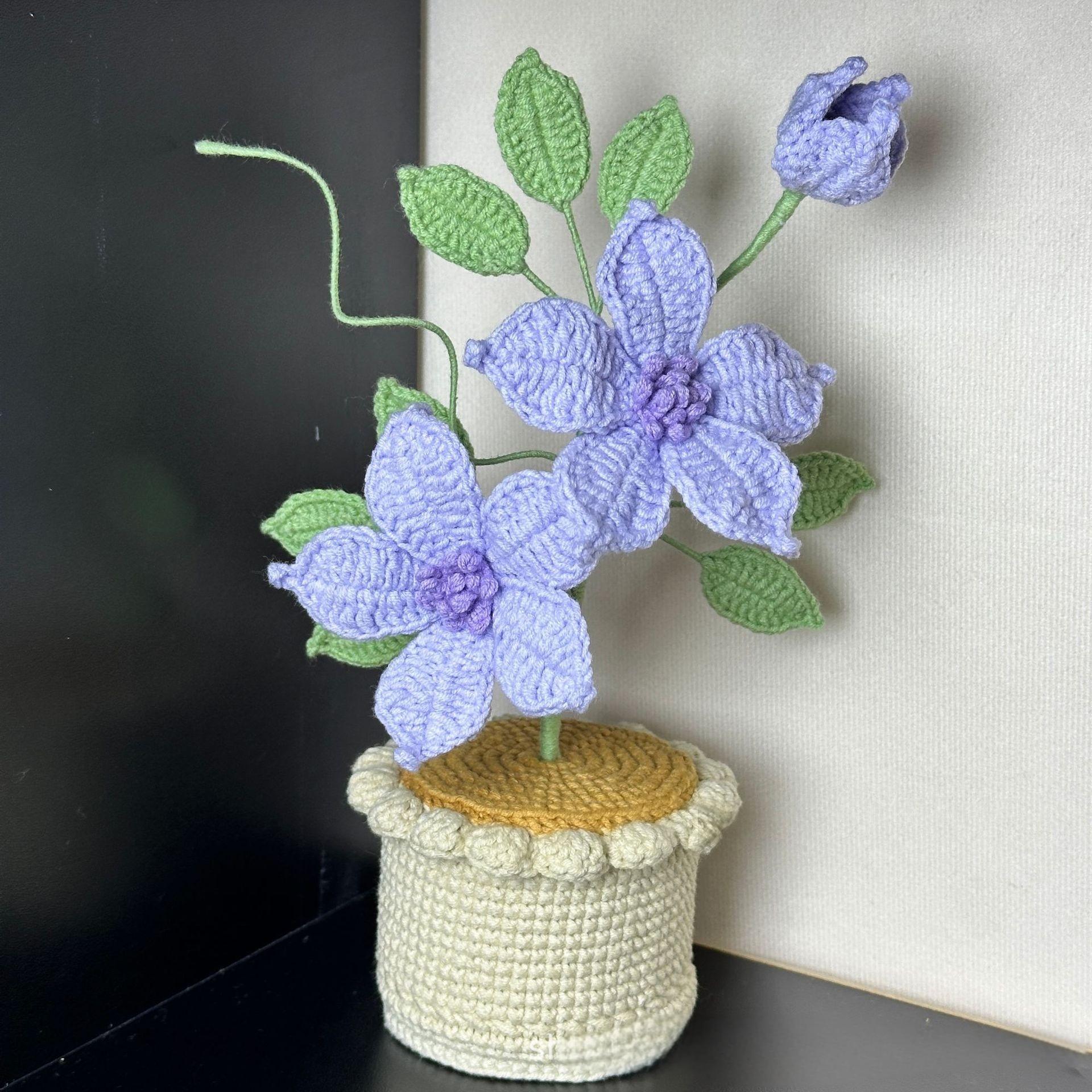 Handmade Crochet Clematis Flower Arrangement | Eternal Handcrafted Floral Decor for Home & Desk, Perfect Holiday Gift – Purple Knit Clematis Bouquet with Crochet Pot - Mia-yarnwhiper