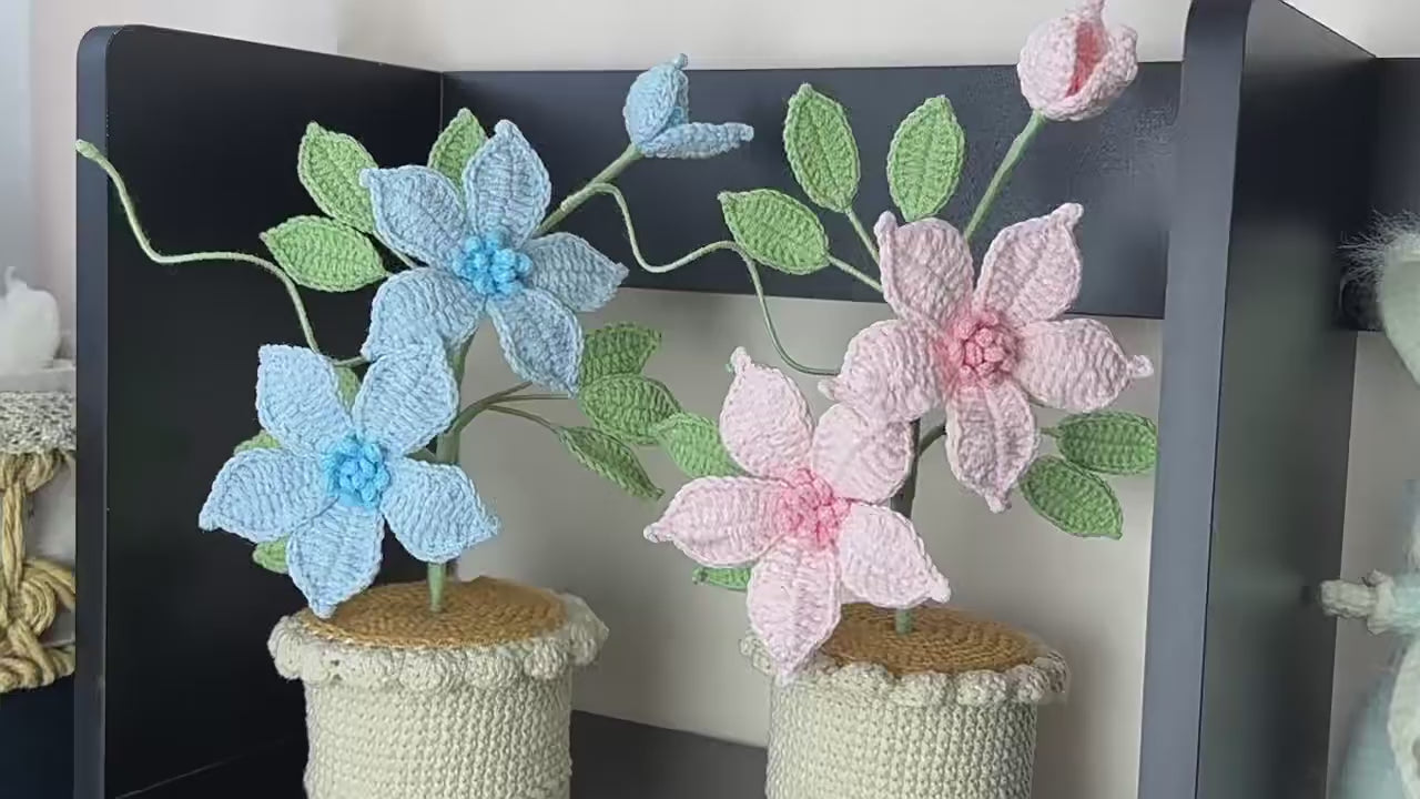 Handmade Crochet Clematis Flower Arrangement | Eternal Handcrafted Floral Decor for Home & Desk, Perfect Holiday Gift – Purple Knit Clematis Bouquet with Crochet Pot